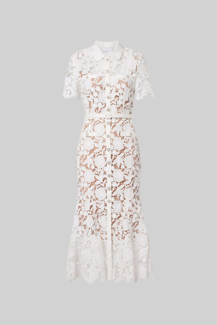 Elizabeth| Collared Neckline Lace, Belted Waist Short Sleeve Midi Dress