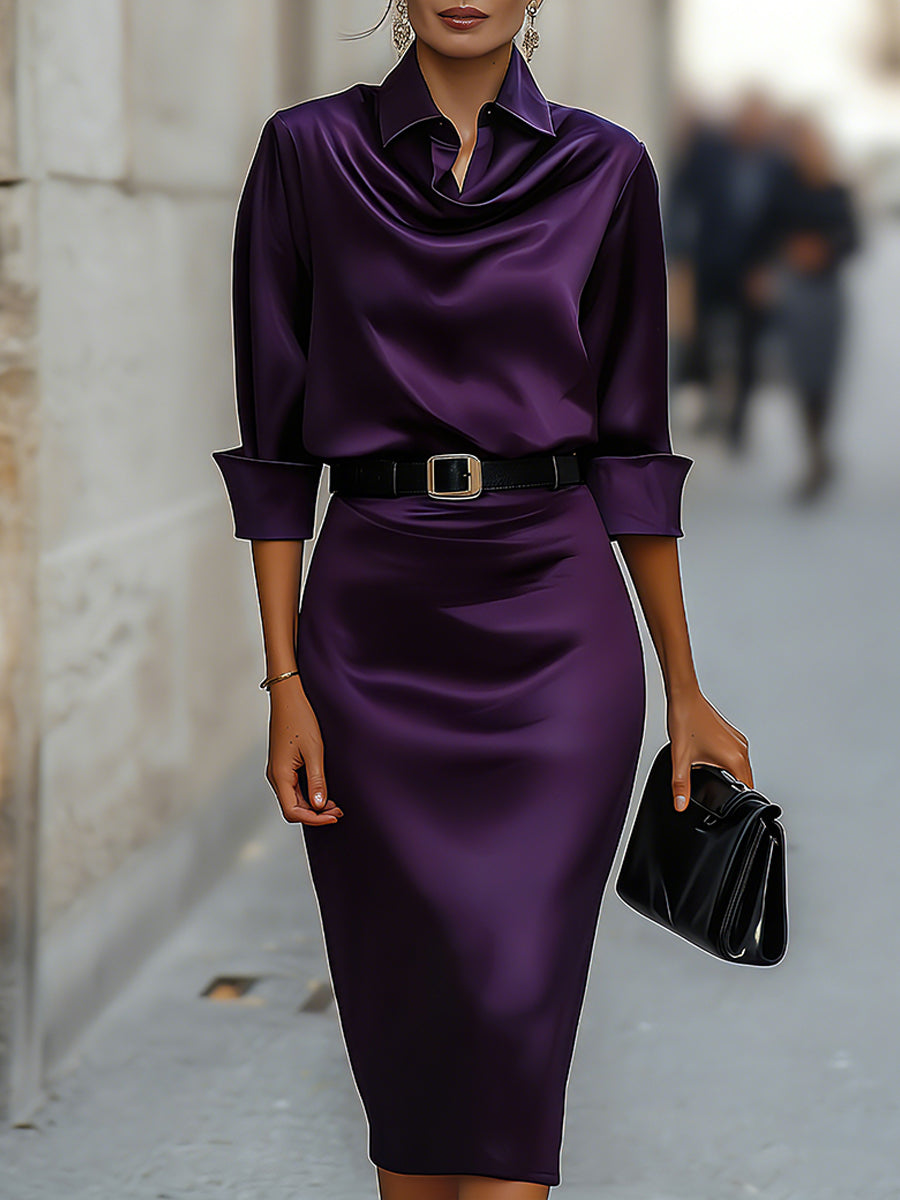 Valerie| Elegant Satin Draped-Collar Midi Dress With Black Belt