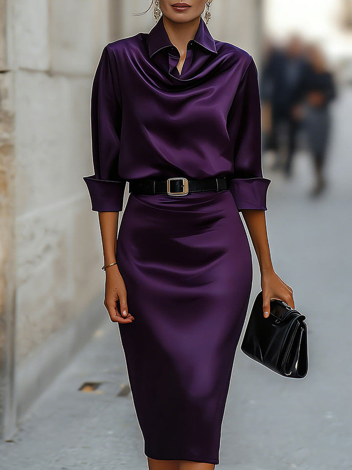 Valerie| Elegant Satin Draped-Collar Midi Dress With Black Belt
