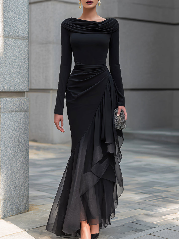 Aleksandra | Black Draped Off Shoulder Cowl Neck Long Sleeve Chiffon Ruffle Mermaid Maxi Dress
