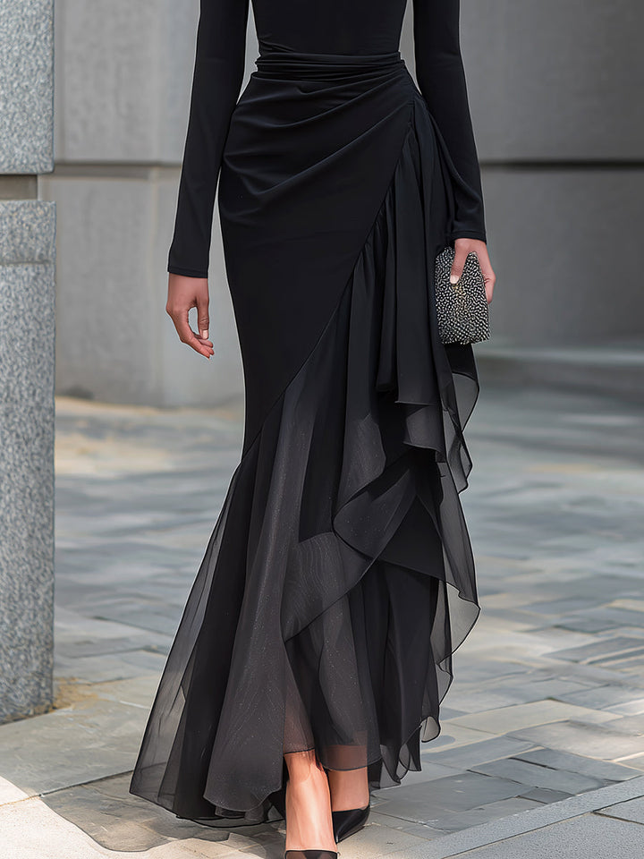 Aleksandra | Black Draped Off Shoulder Cowl Neck Long Sleeve Chiffon Ruffle Mermaid Maxi Dress
