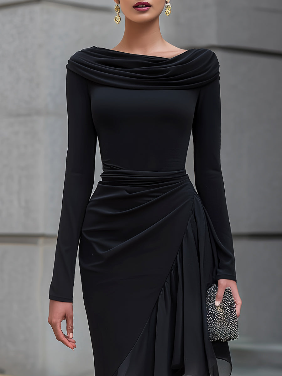 Aleksandra | Black Draped Off Shoulder Cowl Neck Long Sleeve Chiffon Ruffle Mermaid Maxi Dress
