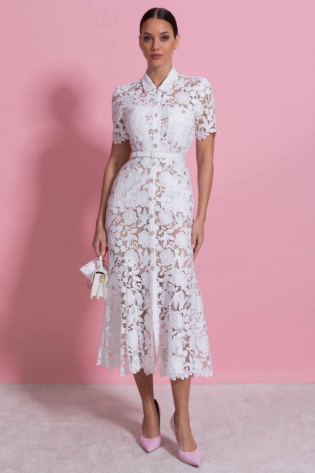 Elizabeth| Collared Neckline Lace, Belted Waist Short Sleeve Midi Dress