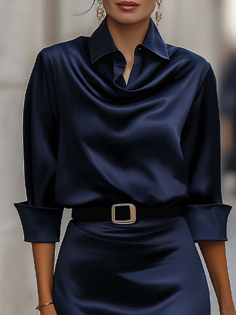Valerie| Elegant Satin Draped-Collar Midi Dress With Black Belt