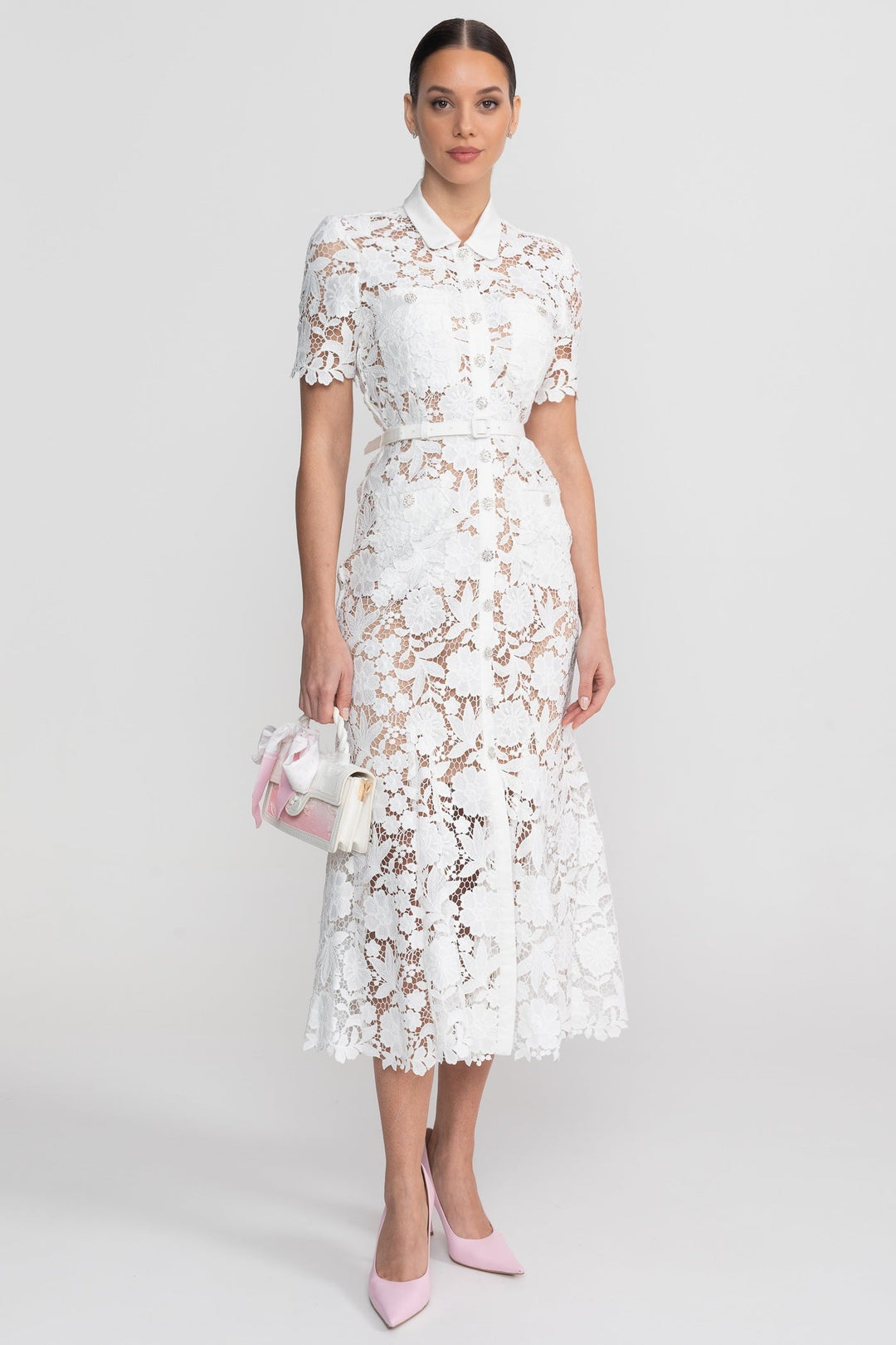 Elizabeth| Collared Neckline Lace, Belted Waist Short Sleeve Midi Dress